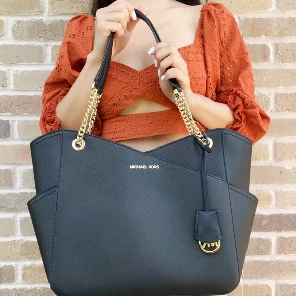 Michael Kors Jet Set Travel Large Top Zip Chain Tote Black Saffiano Leather - Picture 2 of 3